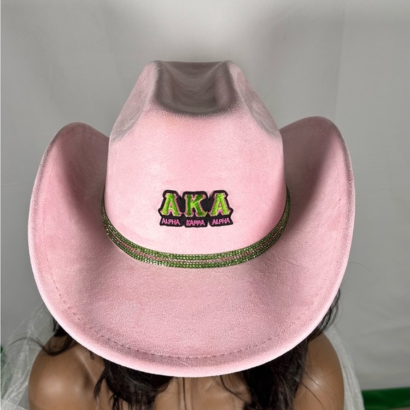 Hand Crafted Accessories - AKA Rhinestone Suede Cowboy Hat | Alpha Kappa Alpha Pink & Green Sorority Hat